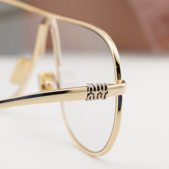 Miu Miu MUA56S 5AK08N Geometric Sunglasses – Gold/Clear Blue Light Block
